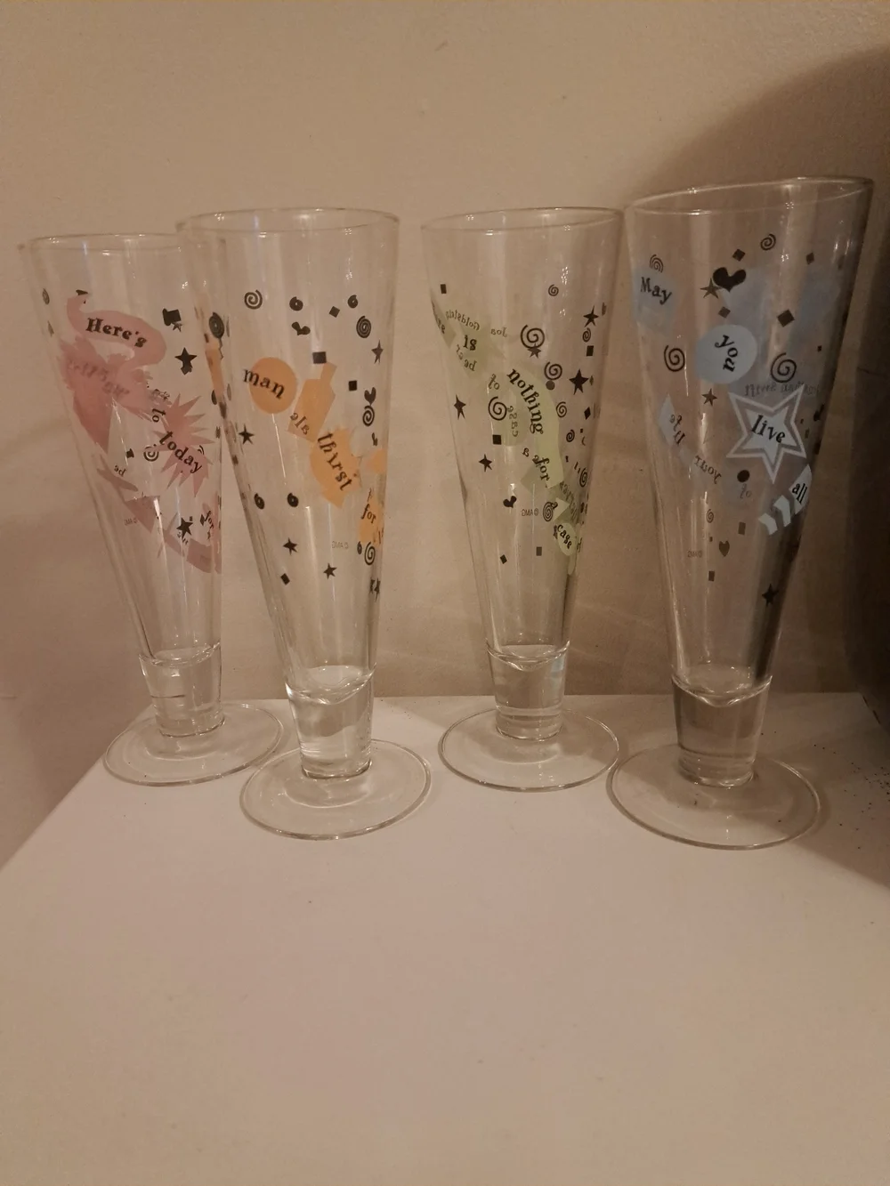 Vtg Decorative Glassware Set - Orange, Green,Blue, Pink Accent Pilsner Flutes 9